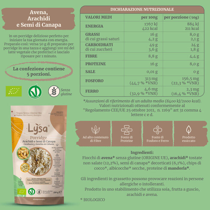 Porridge Bio Arachidi e Semi di Canapa senza glutine - immagine 2